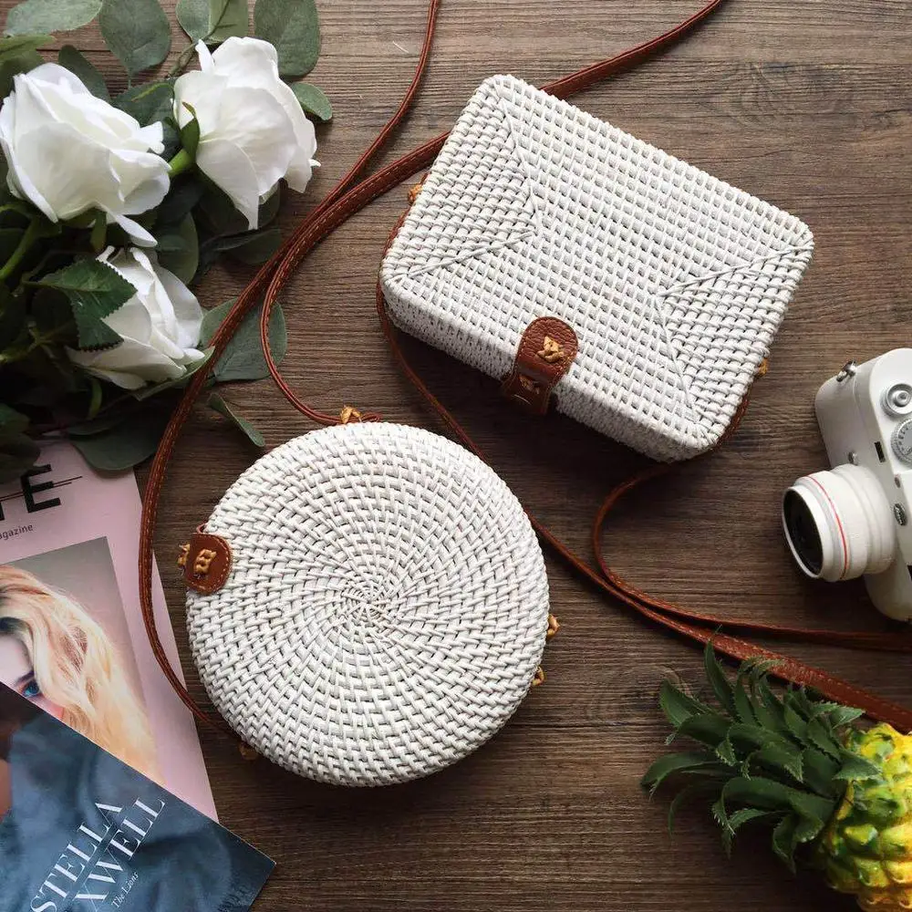 

Bali Rattan Bag White Round Square Women's Shoulder Bag, Can choose any color in the color card