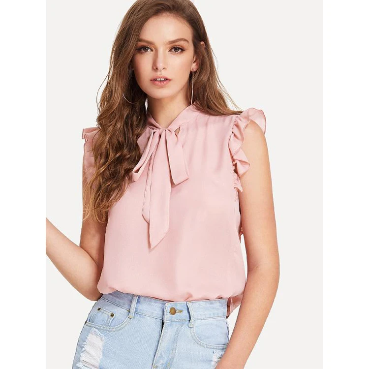 

Fashion Office Ladies Tie Neck Ruffle Armhole Sleeveless Blouse, Customized color