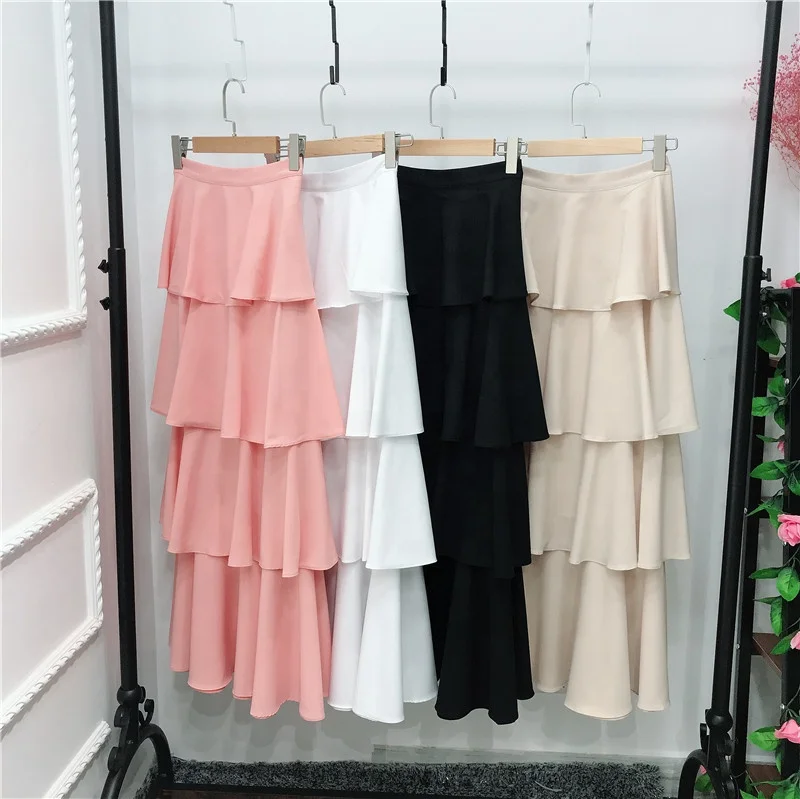 

2019 new fashion heavy chiffon long skirts tiered layers maxi skirt for muslim women, Beige, pink, black,white