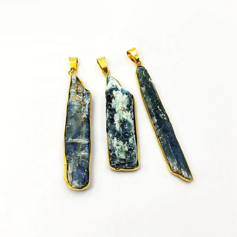 

Wholesale fashion pendants jewelry natural blue kyanite raw long bar stone gold bezel single loop charms