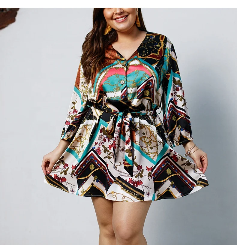 

Cross-border new spring and summer 2019 women's dress fat sister large size dress long-sleeved printed skirt