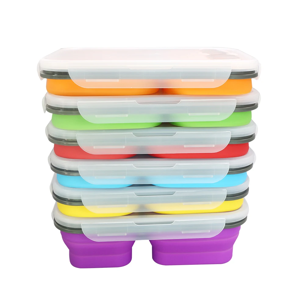 

BPA Free Food Grade Leakproof Silicone Collapsible 3 Compartment Bento Lunch Box Folding Silicone Food Container, Orange