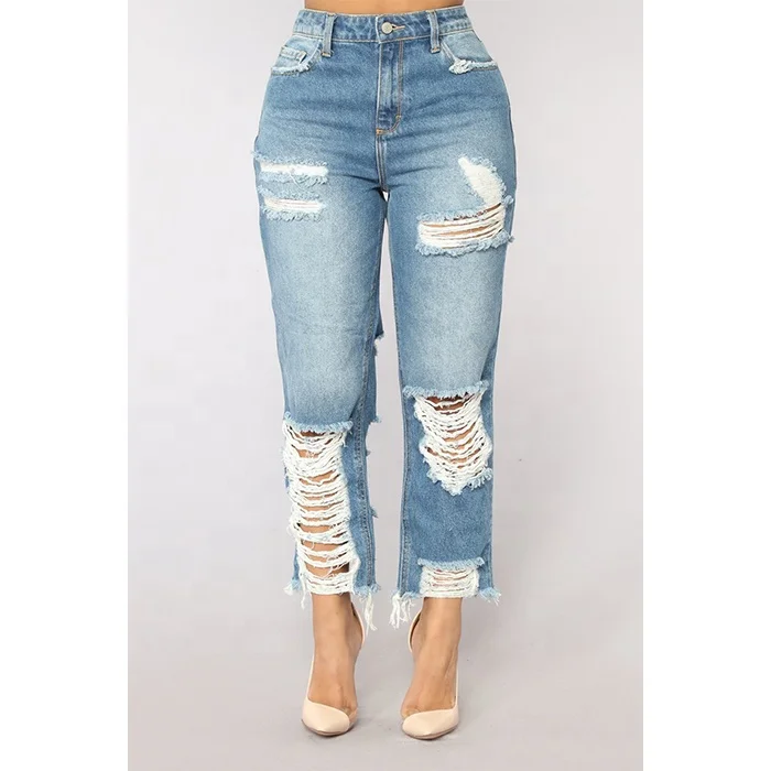 Hot-Selling Fashionable Custom Women Boyfriend Hole Ripped Jeans