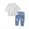 2PCS Kids Girl Outfit White Lace Long Sleeve Top T-shirt + Denim Jeans Pants Clothes Set