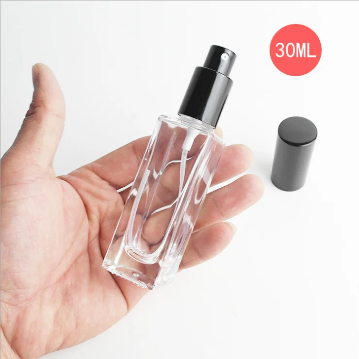 

30ml 50ml 100ml Square Transparent perfume glass bottle with Screw sprayer