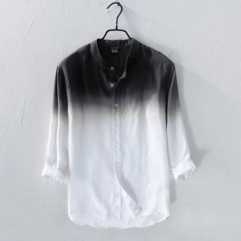 

yarn-dyed plain thin casual O neck long sleeve linen men's shirts, As picture