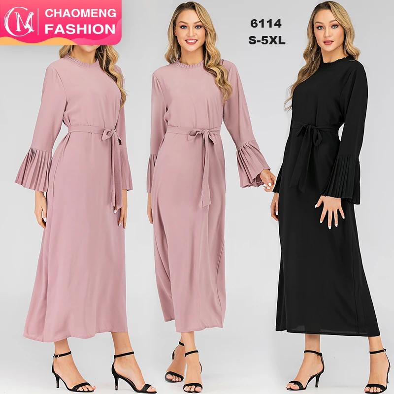 

6114# Plain color islamic clothing pleated sleeve baju prayer muslim chiffon dresses abaya, Pink/black