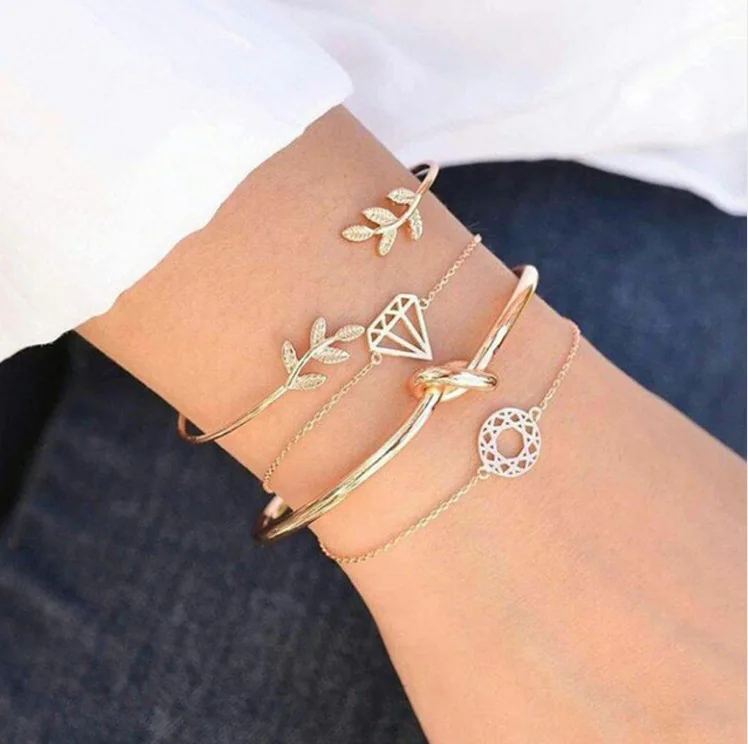 

4pcs/Set Fashion Knot Lucky Charm Bracelet Diamonds Shape Hollowing Out Bracelet For Women Gold Tie Bracelets Femme Jewelry, As show