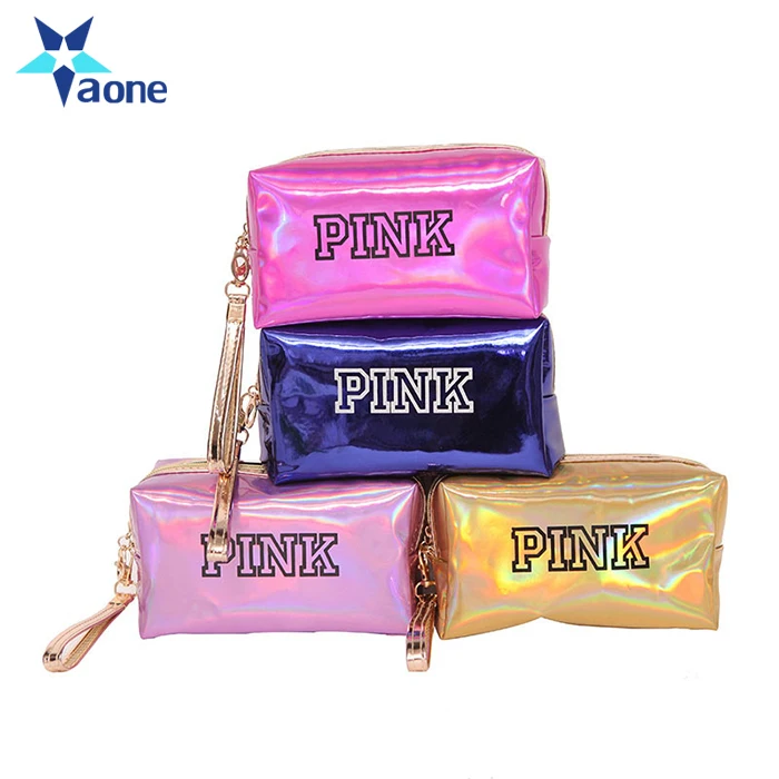 

Customized LOGO Fashion Women Colorful Pink Clutch Make-up Shiny Cosmetic Bags Holographic Hologram Laser PU Bag, As picture