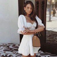 

Female Vestidos Women Summer Mini Dress High Waist Short Butterfly Sleeve Sexy Sundress Square Collar White Tunic Dress