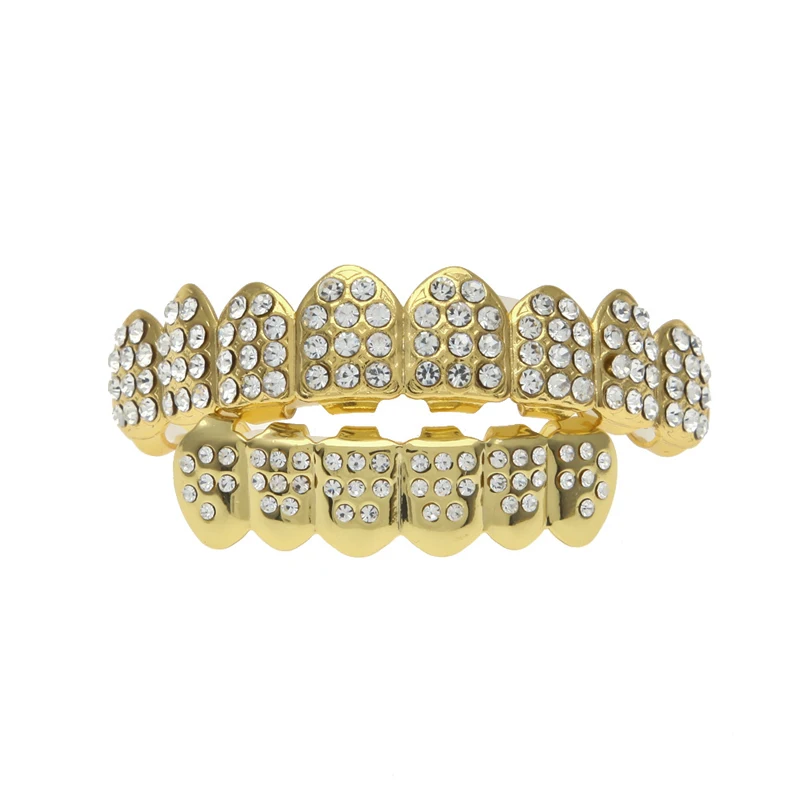 

Blues RTS Best teeth Grillz Eight Top eight Bottom full crystal rhinestone teeth grillz for pary gift, Silver, gold