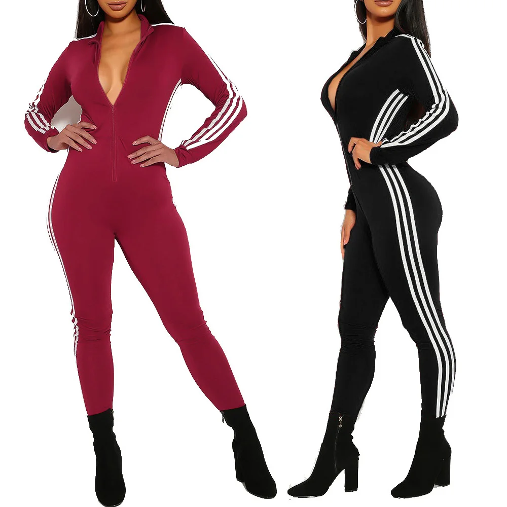 

Deep V-Neck Skinny Zipper Rompers Women Jumpsuit Autumn Winter Long Sleeve Empire Women Rompers Casual Jumpsuits Tracksuit, Black/red