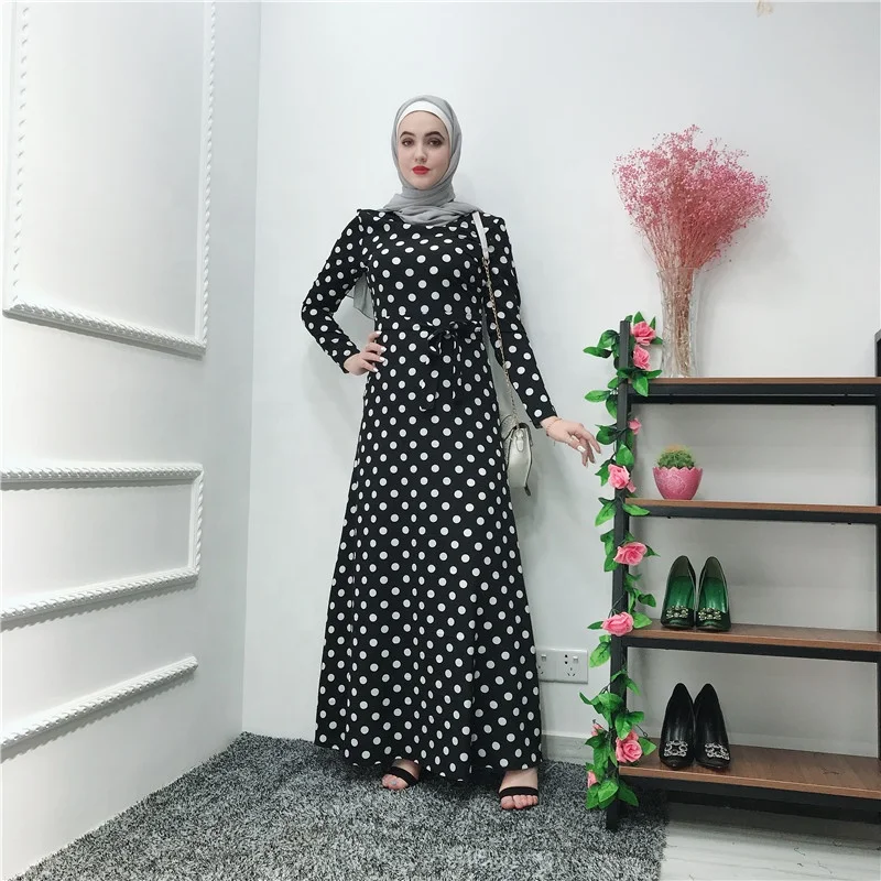 

Wholesale fashion abaya polka dot polyester long sleeves muslim dubai women abaya long dress, Black