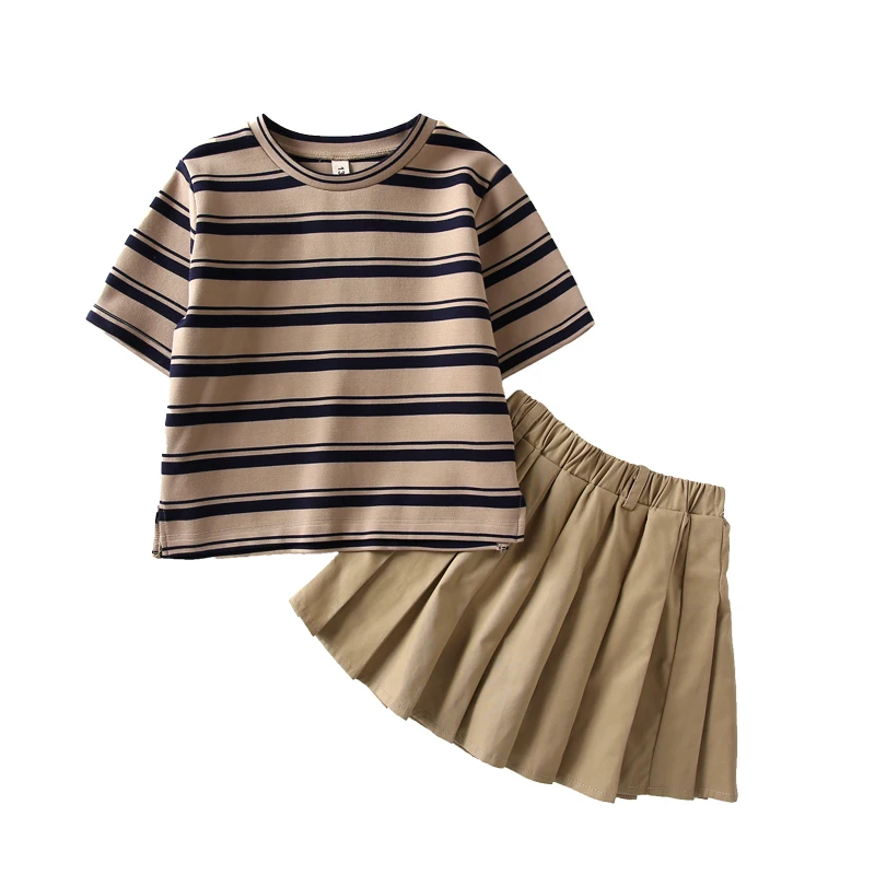 

wholesale preppy style striped t-shirt and pleated-skirt children baby girls clothes sets, Khaki