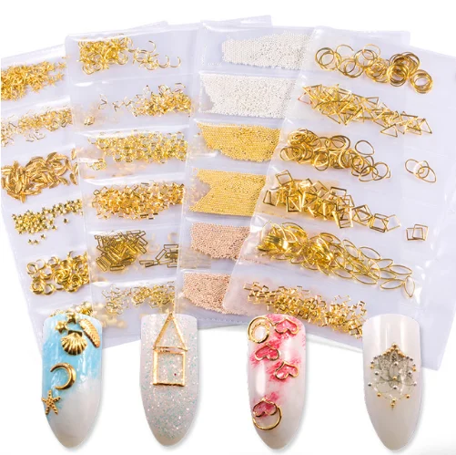 OEM Mixed 3D Hollow Metal Frame Nail Art Decorations Gold Rivet Shell Slider Nail Studs Manicure Accessories Tips DIY
