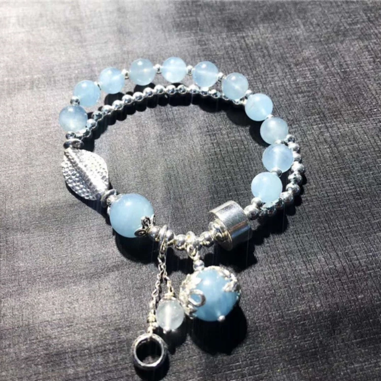 

Natural Stone Bracelet, Multilayer Crystal Gemstone Beaded Bracelet,925 sterling silver beads/9mm aquamarine beads bracelets, Picture