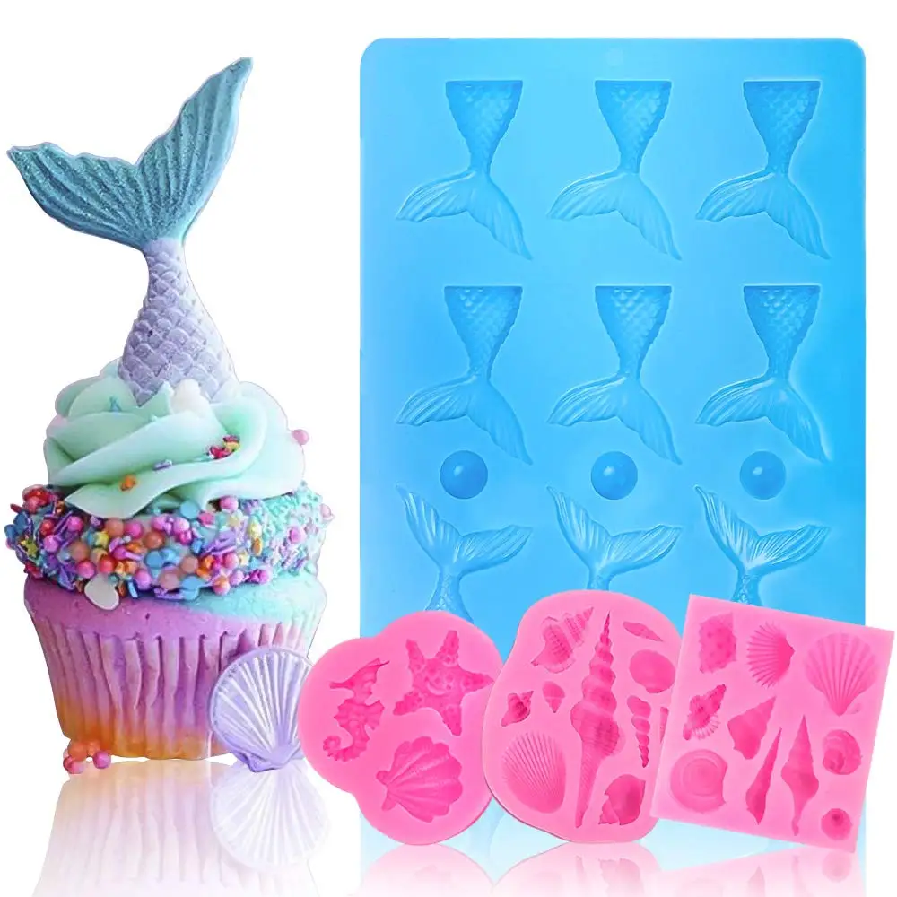 

Seashell Mermaid Fish Tail Mold, 4 Pack Silicone Fondant Mold for Decorating Ice, Chocolate, Candy, Sugar, Jelly