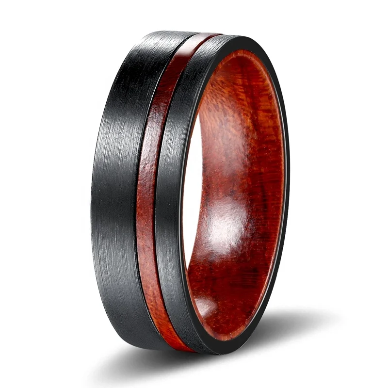 

POYA Jewelry 8mm Flat Top Black Tungsten Carbide Ring RoseWood Inner Wedding Band Men