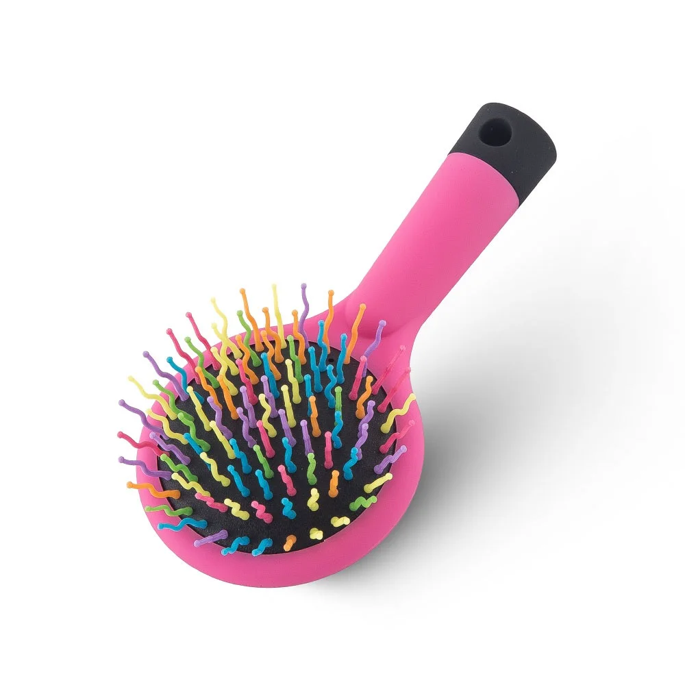 

Colorful rubber coating plastic rainbow pins mirror hair brush for children, Pink&black&purple