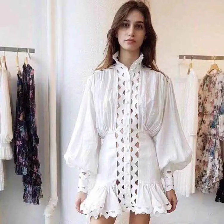 

MIGO new style shinny white long sleeve ventilate lace elegant mini fishtail runway dress for women wear A2714, White;brown