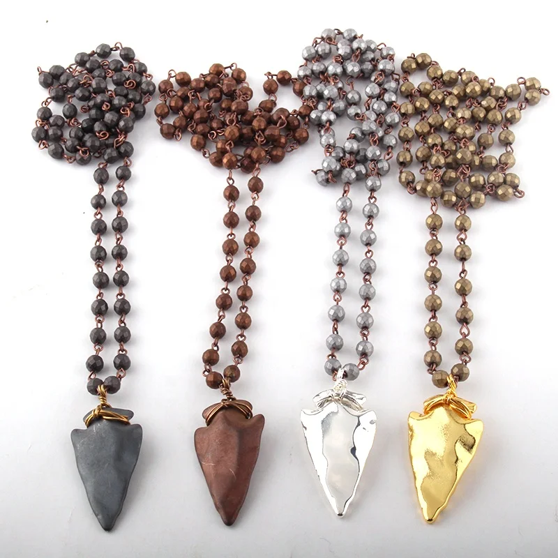 

Women Rosary Chain 6mm Faceted Hematite Stone Necklace Men Arrowhead Pendant Necklace, 4 color