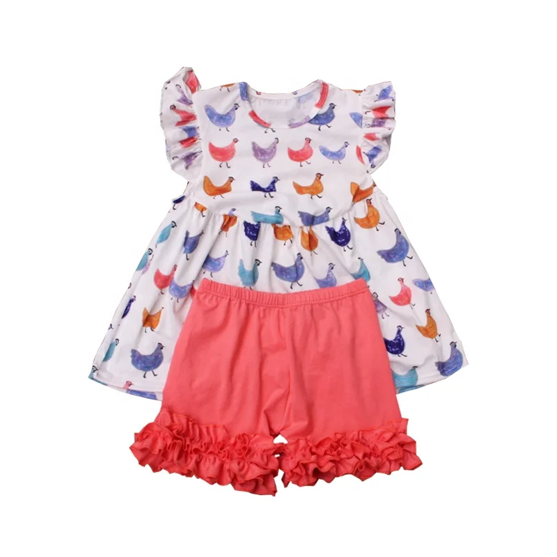 

Kids Clothing Sets Lovely Girls Chicken Printed Tunic Tops And Icing Shorts Outfits Kids Ruffle Boutique Clothing Sets, Picture