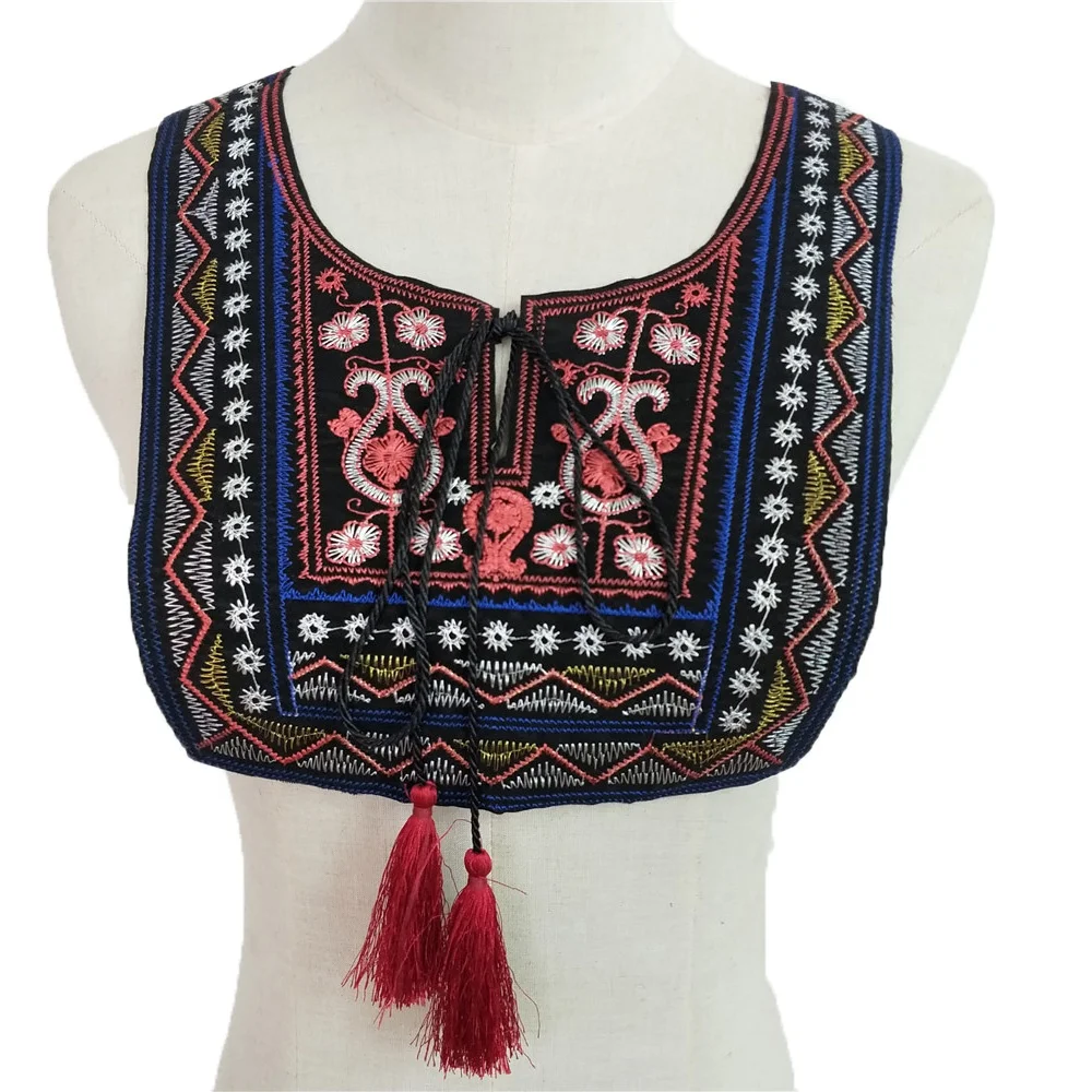 

Hot sale Ethnic style Embroidery Lace Neckline neck Collar Dress Applique Motif Blouse Sewing Fabric Trims, Black white red navy nude purple