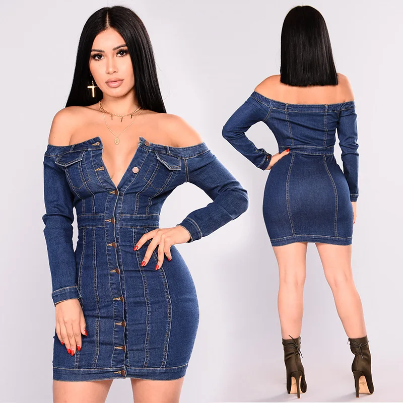

In stock long sleeve shirt denim plus size off shoulder dress women, Blue