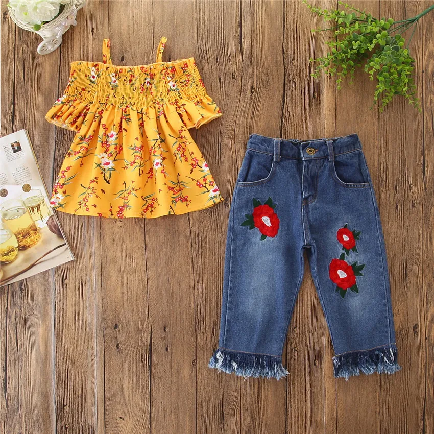 

2Pcs Summer Clothes set For Girls 2019 Fashion Kids Girls Short Sleeve Sling Tops T-shirt Embroidery Denim Jeans suit, As picture
