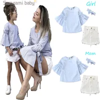 

Summer Mommy And Me Outfits Flare Tops White Skirt Family Girls Clothing Set
