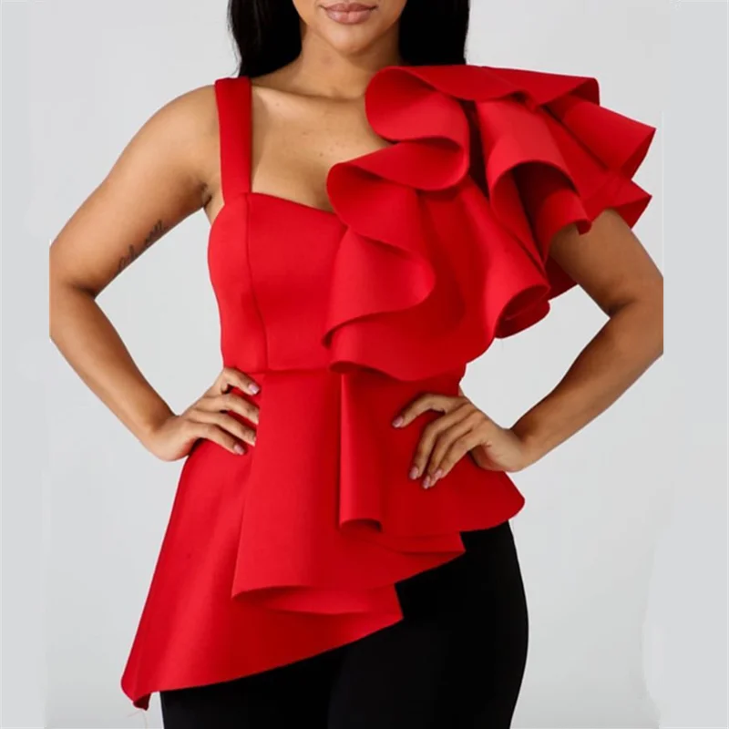 Women Blouse Tops Shirts Sexy Peplum Red Ruffles Irregular Sleeves Slim Party Wear 2019 Summer New Fashion Elegant Ladies Bluas