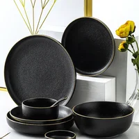

Dinner set dinnerware porcelain black matte tableware dinnerwaresets with gold rim for household