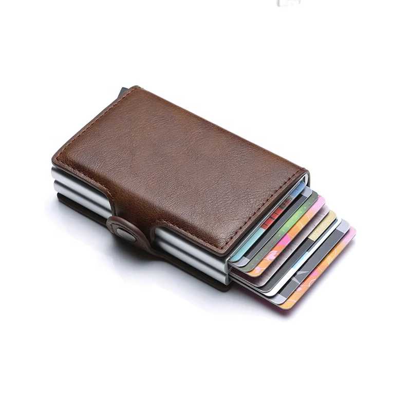 

2021 Stock Accept Lower MOQ Customized Logo Automatic Aluminium Alloy Credit Pop-up Metal Cards PU Leather Wallets for Men, Brown,coffee,black,deep blue pocket wallet,customized color