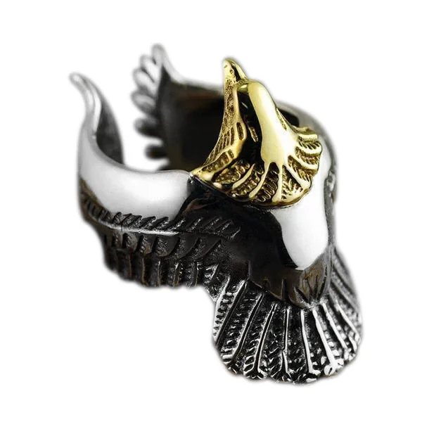 

Animal 2019 Fashion Trendy Popular Punk Men's Jewelry 925 Sterling Silver Full Eagle Finger Rings, Vintage silver+gold(gold pard is brass)