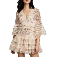 

MOLI 2019 New arrive High quality embroidery lace V neck dress Flare Sleeve Lovelorn Floral Flutter Dress Runway Chic Dresses
