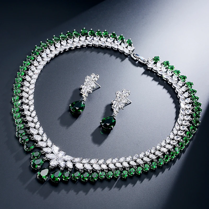 

RAKOL Luxury Wheat Shape CZ Zircon Drop Necklace earrings Jewelry Set S110, As picture