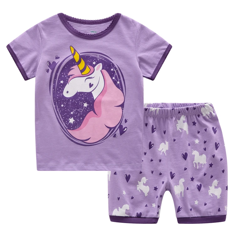 

HY6226 Girls Unicorn Pajamas Short Sleeve 100% Cotton Summer Kids Toddler Cartoon PJS Sleepwear Sets, As the picture show