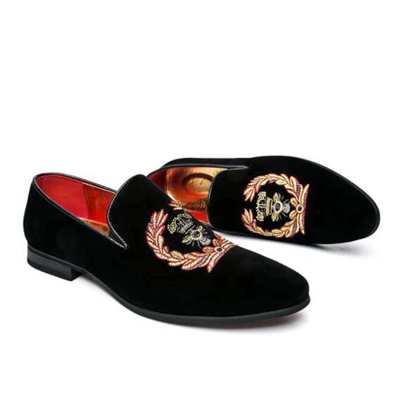 

Mens Casual Shoes Black Velvet Loafers embroidered velvet rubber sole loafers