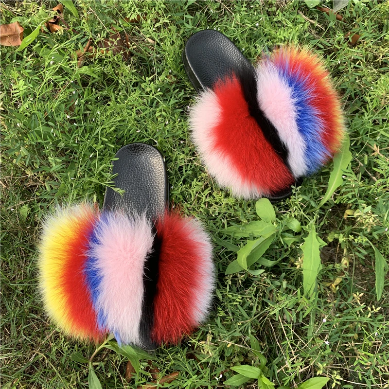 

Factory Wholesale Price Colorful Fox Fur Slides Real Fox Fur Slippers with Fur