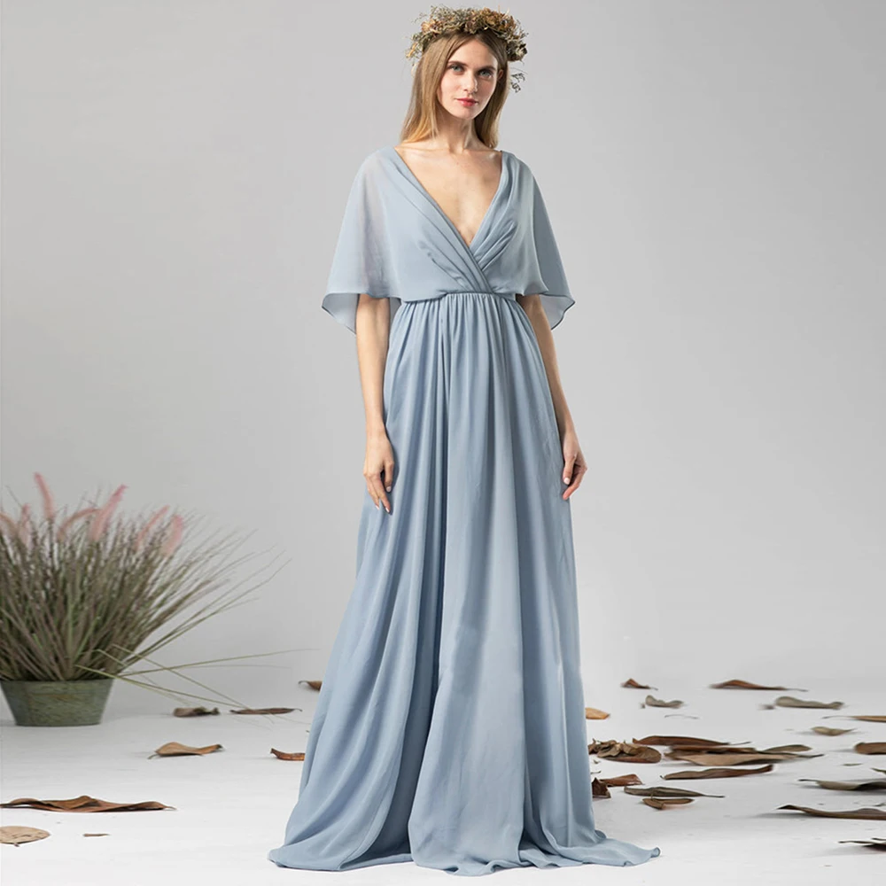 

2019 New Design Elegant Women Summer Mid Sleeve Chiffon Bridesmaid Long Dresses, Light blue