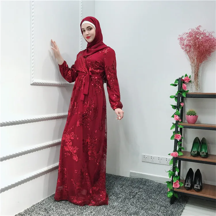 

High quality double layer shinning sequin mesh muslim wedding dress, White;beige;wine red;black navy;dark green;gray