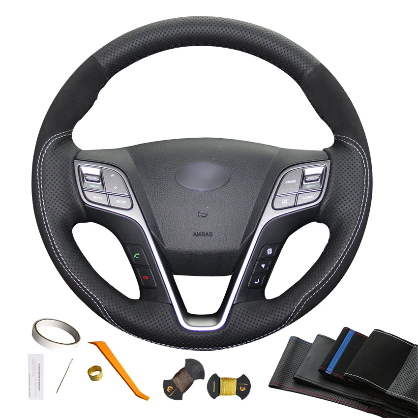 Aksesoris Jahit Tangan Suede Kulit Steering Wheel Cover Warna Putih untuk Hyundai Santa Fe Ix45 2013 2014 2015 2016 2017 2018