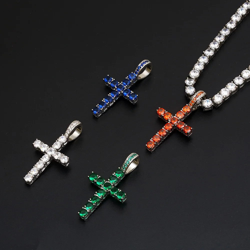 

New Style colorful Lab Diamond Iced Out Mens Cross Pendant HipHop copper Pendant 41x21mm for sale