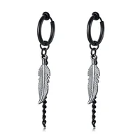 

Fashion Stainless Steel Mens Earrings Feather Charm Hoop Drop Earring For Women