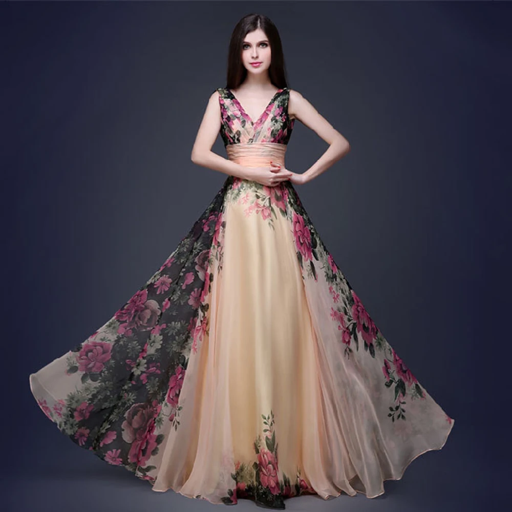 

Newest Elegant Fashion Women V-Neck Summer Floral Chiffon Party Evening Maxi Long Dresses
