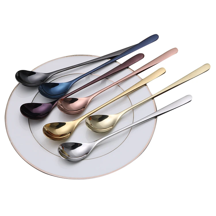 

Colorful stainless steel long handle dessert spoon for ice cream coffee tea, Silver, gold, rose gold, black, blue, purple, pale gold