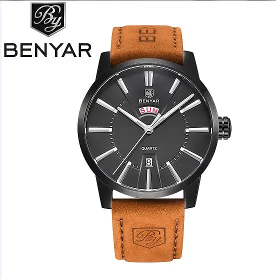 

New Style Watches Men Wrist Leather Band Week Date Men Watch Relogio Masculino Benyar 5101M, 5 colors