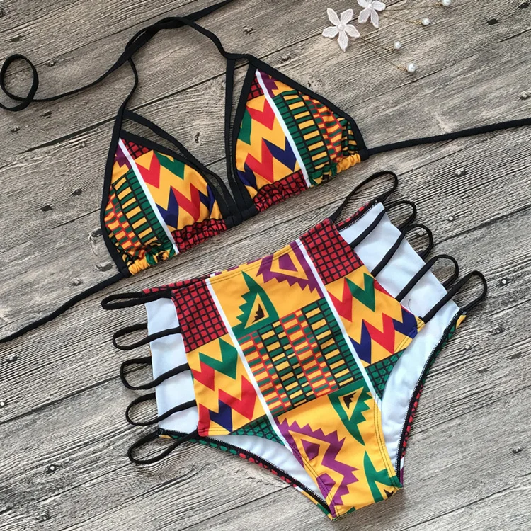 

Sexy Bikini Two Piece Geometric Print African Straps Colorful Swimsuit Swimwear Beachwear Swimming Suit Bandage, As the picture