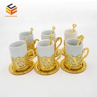 

turkish tea cup 6 Pcs gold plated ceramic teacup coffee cup small plate and spoon tea cup sets