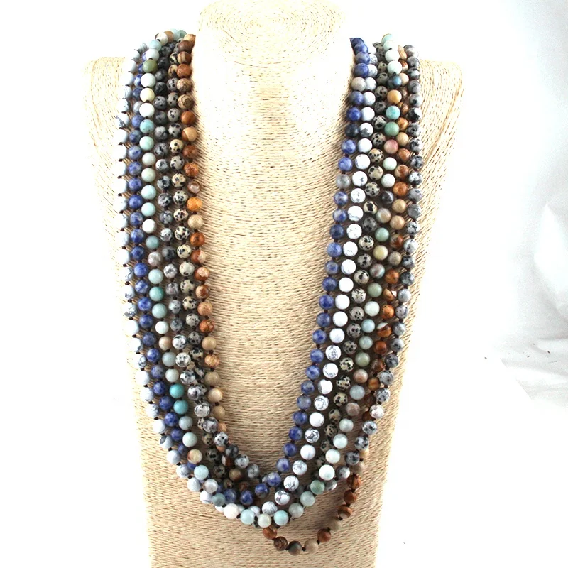 

Women 8mm Knotted Statement Natural Gemstone Necklace Natural Stone Wrap long Necklace 108pc Mala necklace, 6 color